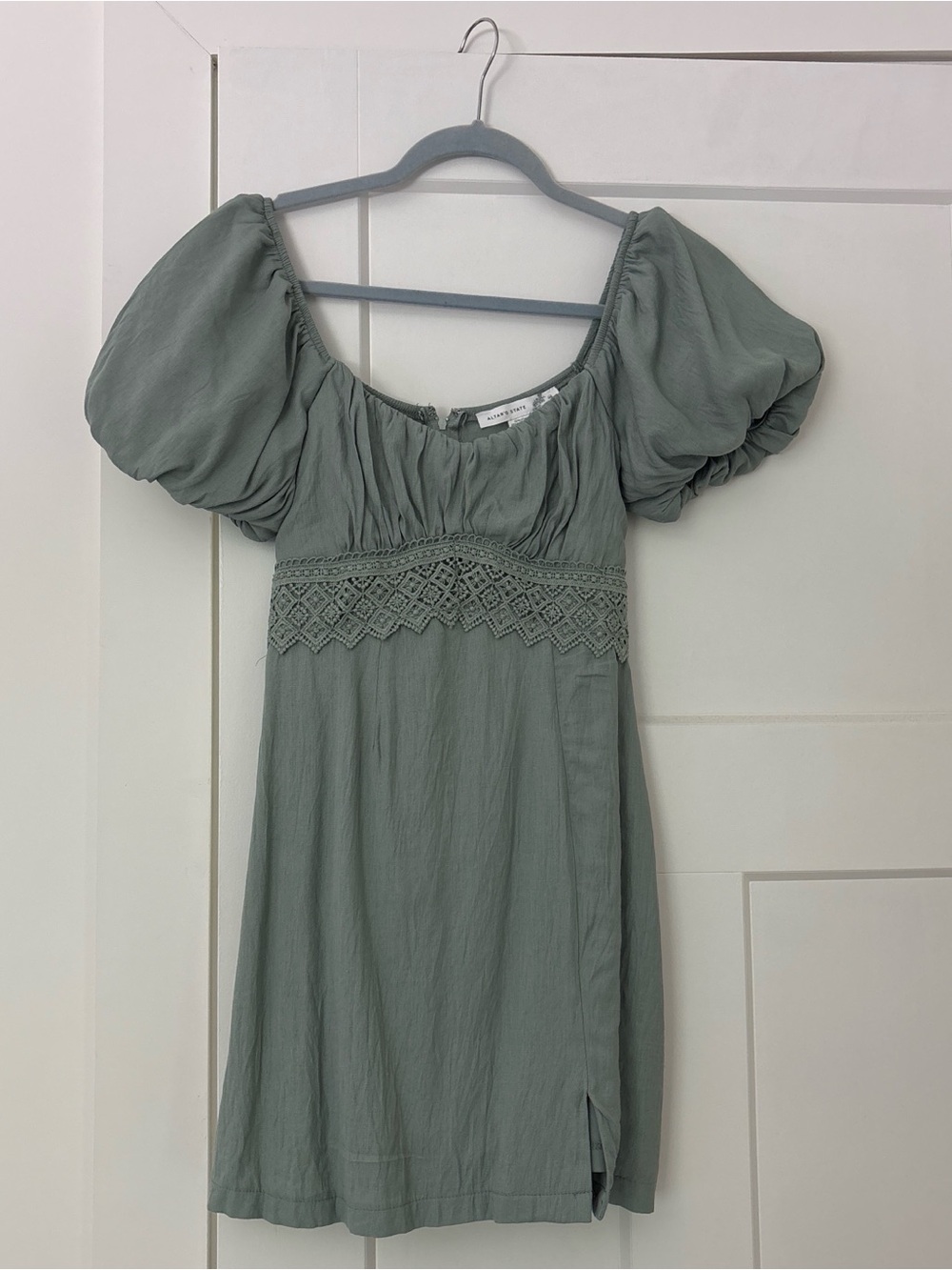 Altar'd State Sage Green Puff Sleeve Mini Dress